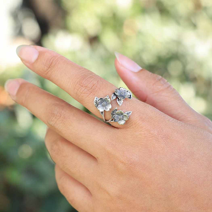 Adjustable Dogwood Flower and Leaf Ring