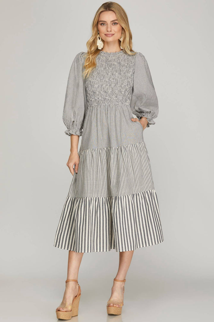 SHE+SKY- 3/4 SLEEVE SMOCKED TOP TIERED MIDI DRESS WITH SIDE POCKETS