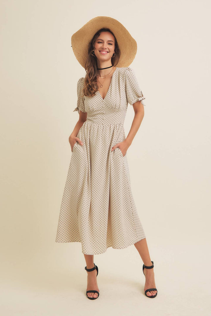 CLASSIC POLKA DOT MIDI DRESS WITH TIE-ABLE SLEEVES