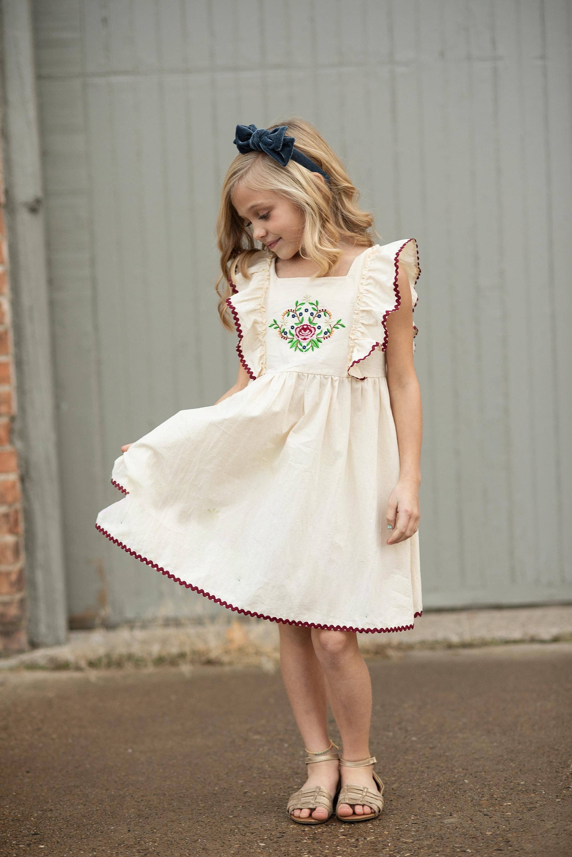 Kids Cream Burgundy Floral Embroidered Pinafore Dress