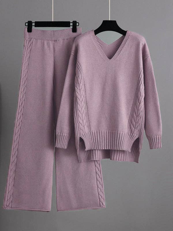 Stylish Long Sleeves Solid Color V-Neck Sweater & Wide Leg Pants-Two Pieces Set