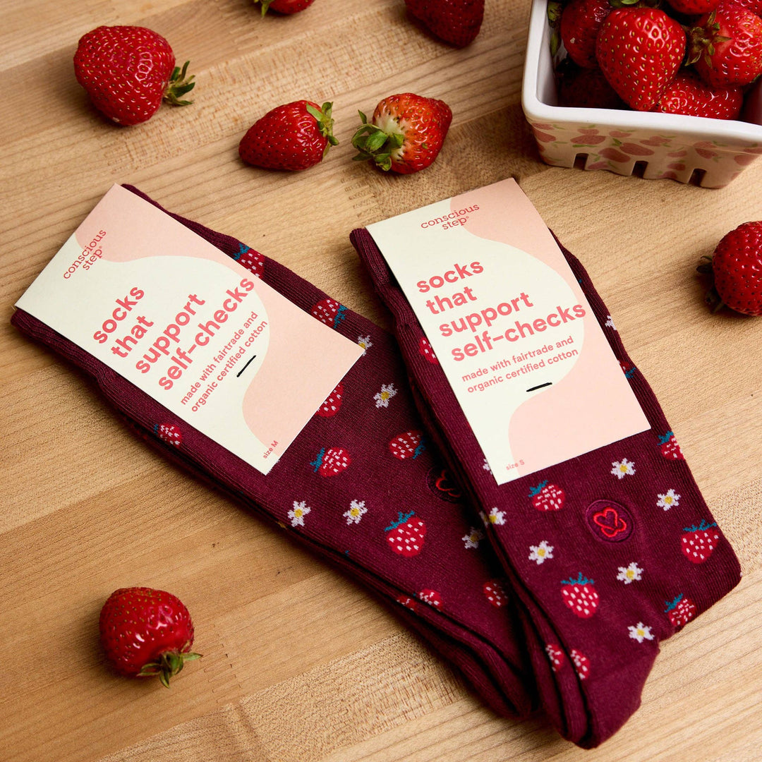 Conscious Step - Socks that Support Self-Checks (Maroon Strawberries)