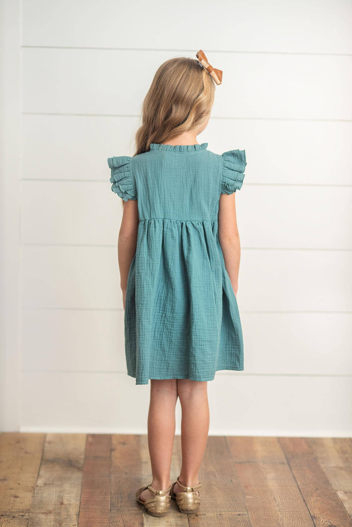 Kids Blue Green Ruffle Sleeve Button Bow Spring Easter Dress