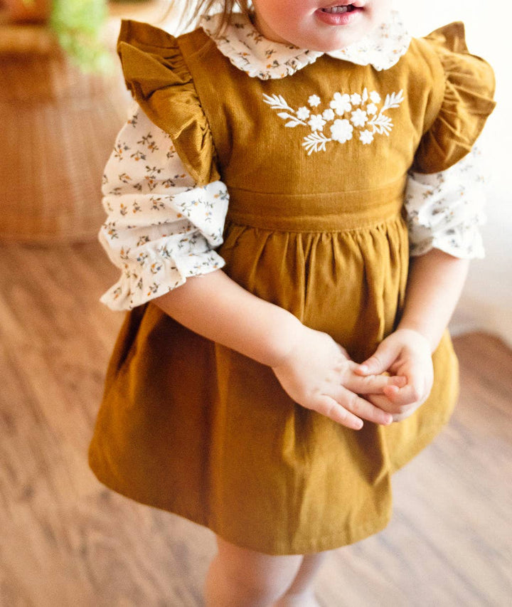 Corduroy Pinafore Baby Dress + Floral Shirt SET (Organic)- ON SALE