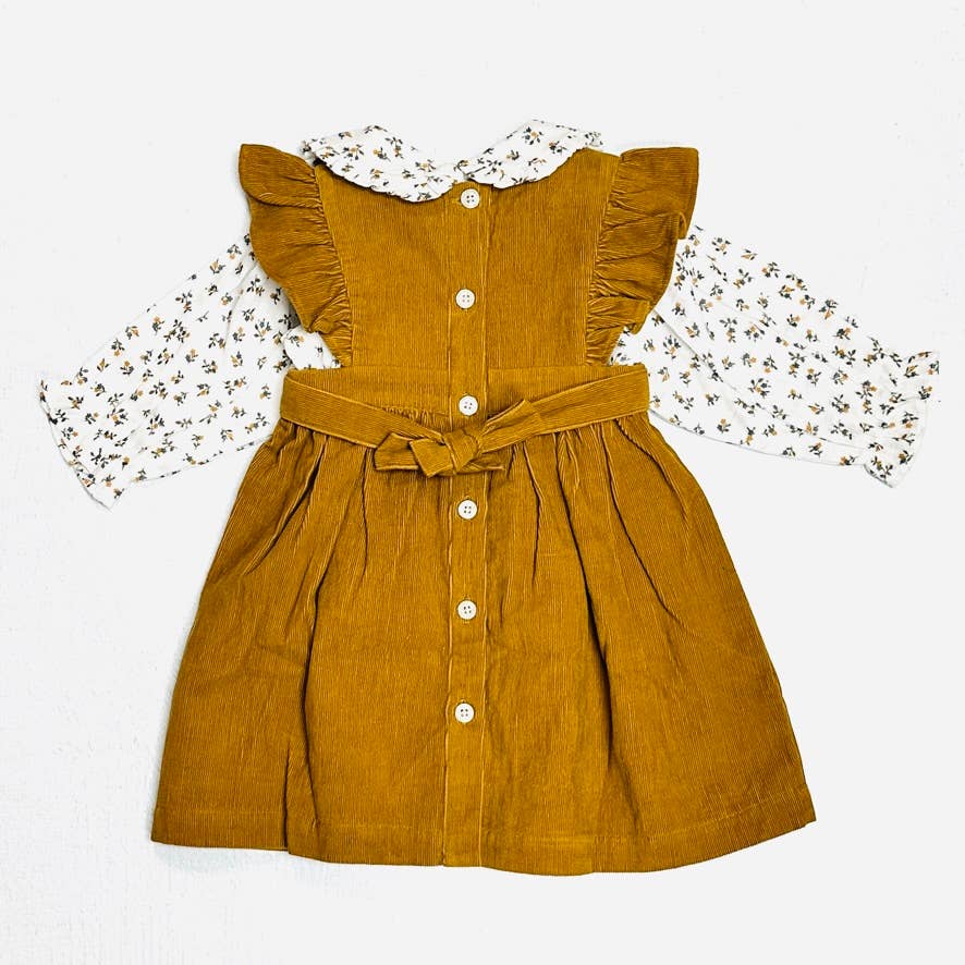 Corduroy Pinafore Baby Dress + Floral Shirt SET (Organic)- ON SALE