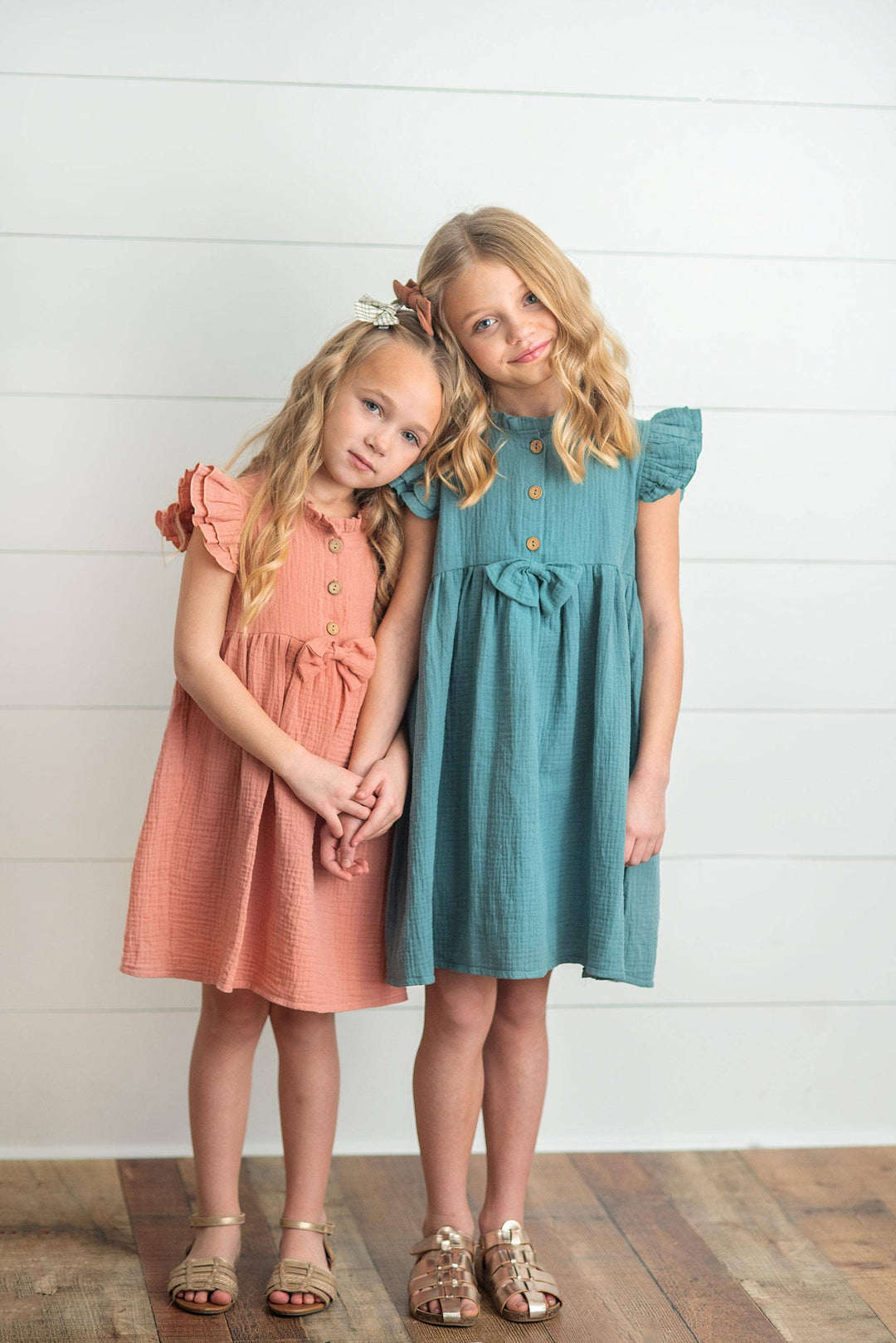 Kids Blue Green Ruffle Sleeve Button Bow Spring Easter Dress