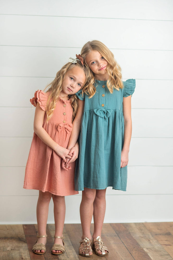 Kids Blue Green Ruffle Sleeve Button Bow Spring Easter Dress