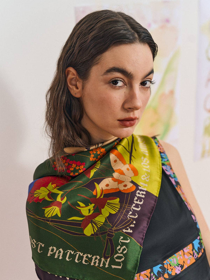 Lost Pattern NYC - FRIDA x LOST PATTERN "Los Amores de Frida" Large Silk Scarf - Dark Green