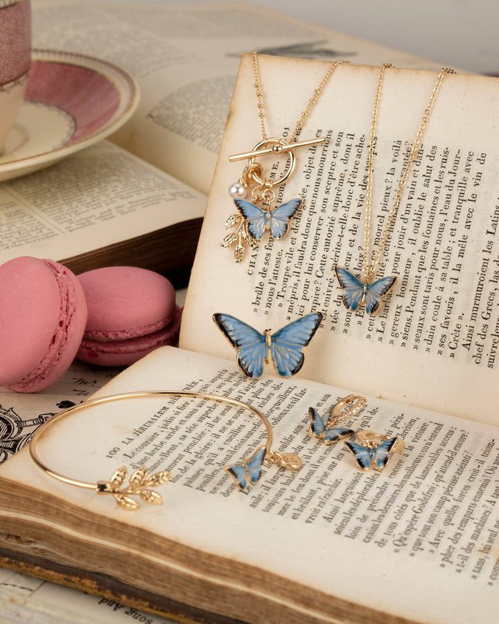 Fable England - FABLE Enamel Blue Butterfly & Leaf Charm Necklace