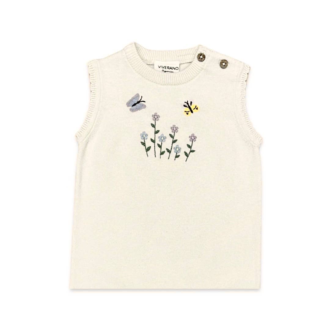 Floral Bee Embroidered Sleeveless Knit Baby Romper (Organic)