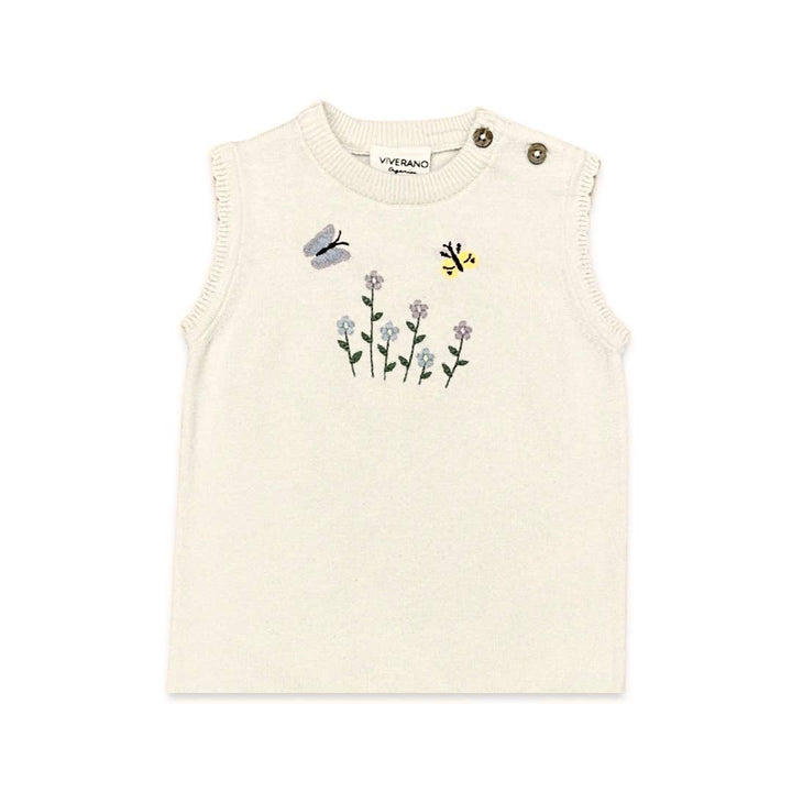 Floral Bee Embroidered Sleeveless Knit Baby Romper (Organic)