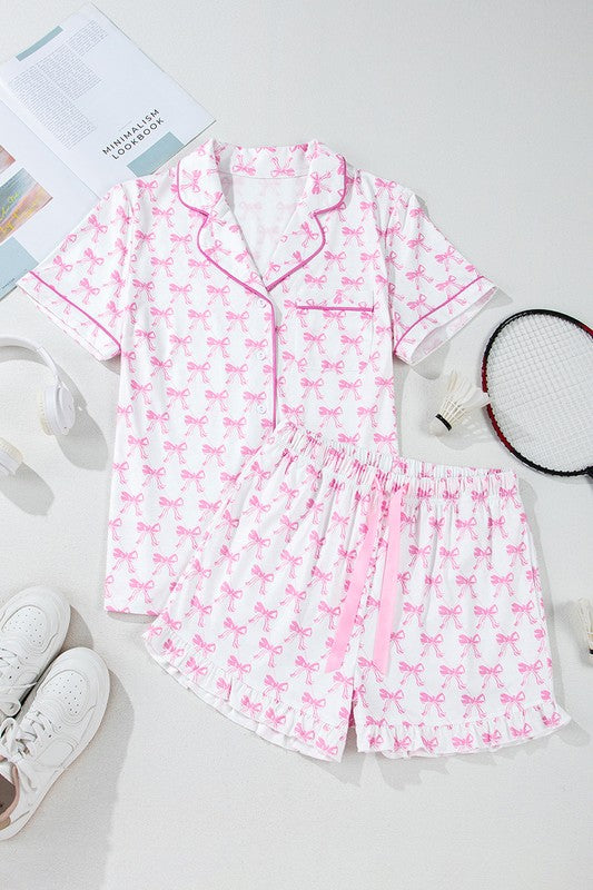 Short Sleeve and Ruffled Shorts Pajama Set