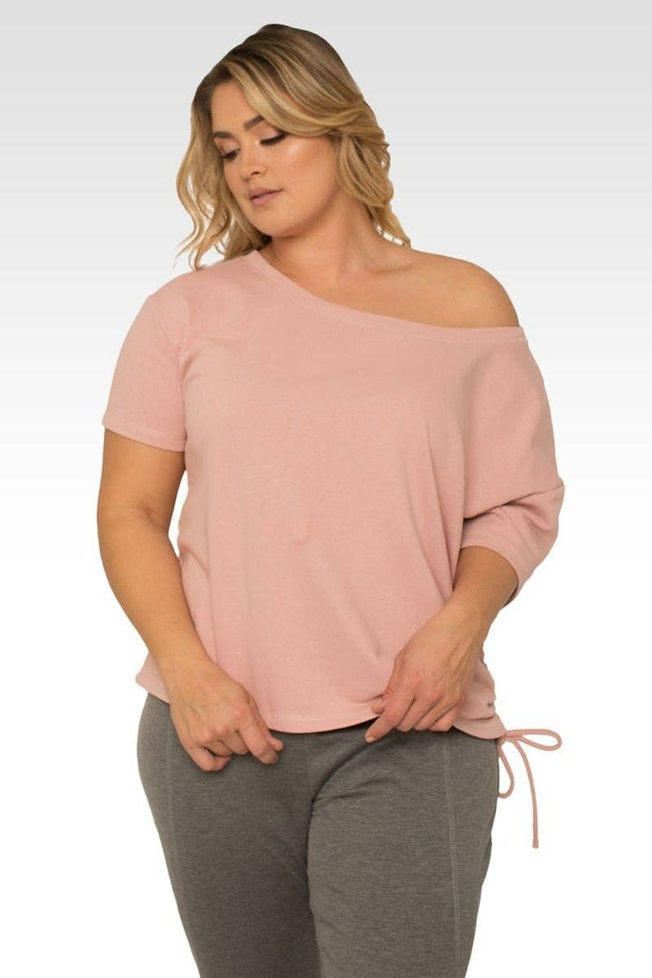 Standards & Practices - Plus Size Women's Boat Neck French Terry Mauve Ruched Tee