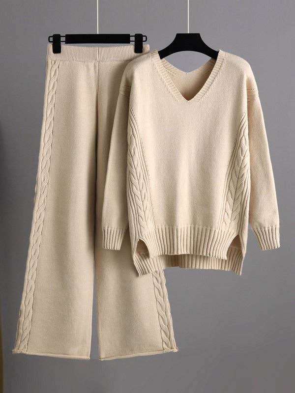 Stylish Long Sleeves Solid Color V-Neck Sweater & Wide Leg Pants-Two Pieces Set