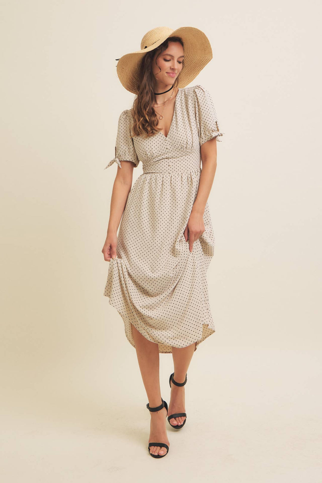 CLASSIC POLKA DOT MIDI DRESS WITH TIE-ABLE SLEEVES