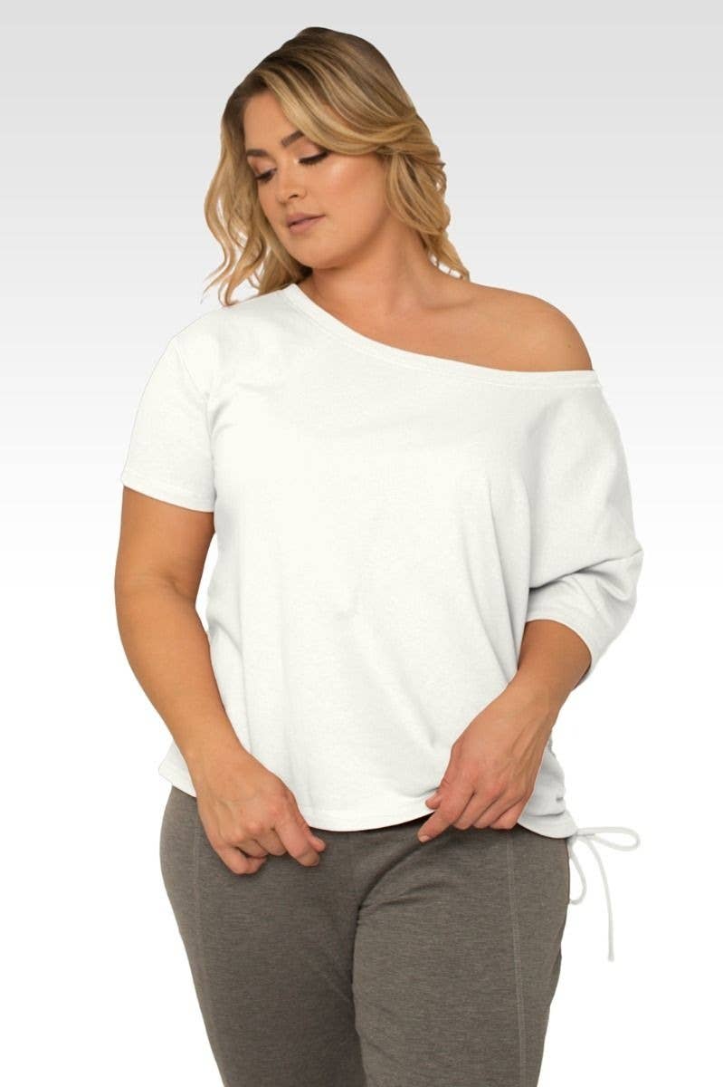 Standards & Practices - Plus Size Women's Boat Neck French Terry Cream Ruched Tee