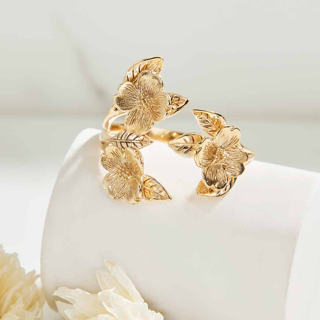 Adjustable Dogwood Flower and Leaf Ring