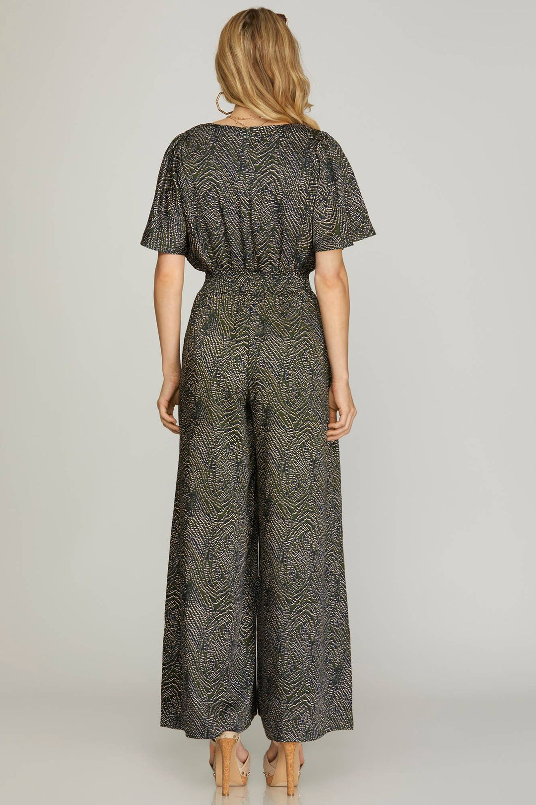 SHE+SKY - FLOUNCE SLEEVE SMOCK WAIST WIDE LEG PRINTED WOVEN JUMPSUIT W