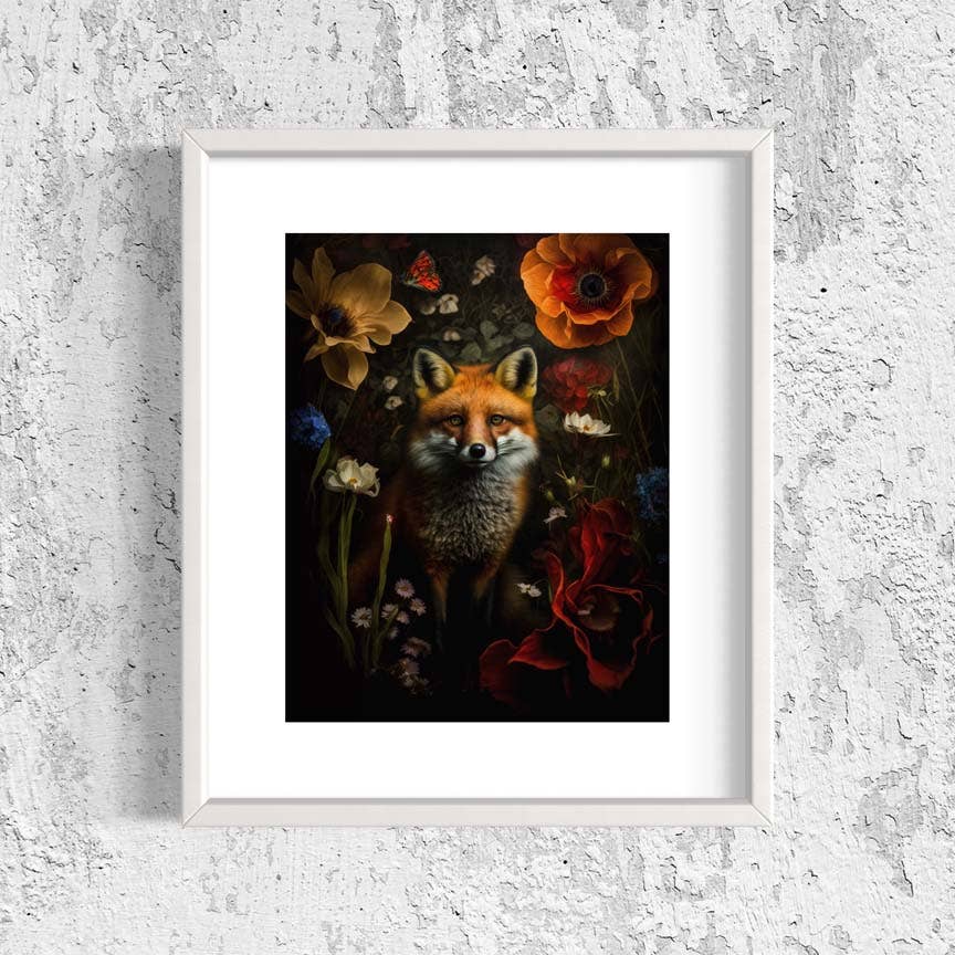 Salty Alyce - Red Fox Hiding in Floral Painting Art Print AS776