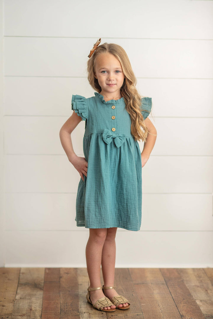 Kids Blue Green Ruffle Sleeve Button Bow Spring Easter Dress