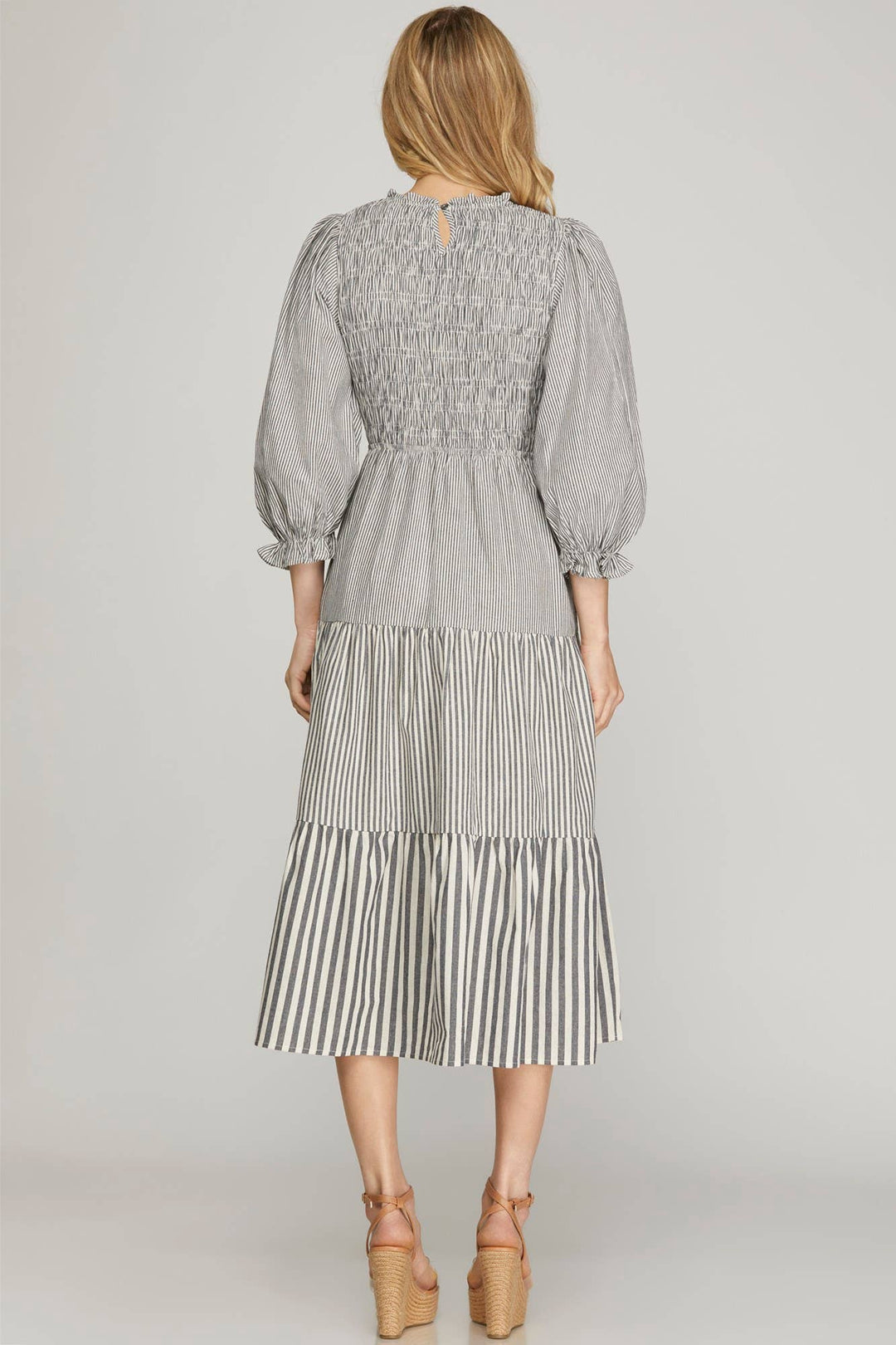 SHE+SKY- 3/4 SLEEVE SMOCKED TOP TIERED MIDI DRESS WITH SIDE POCKETS