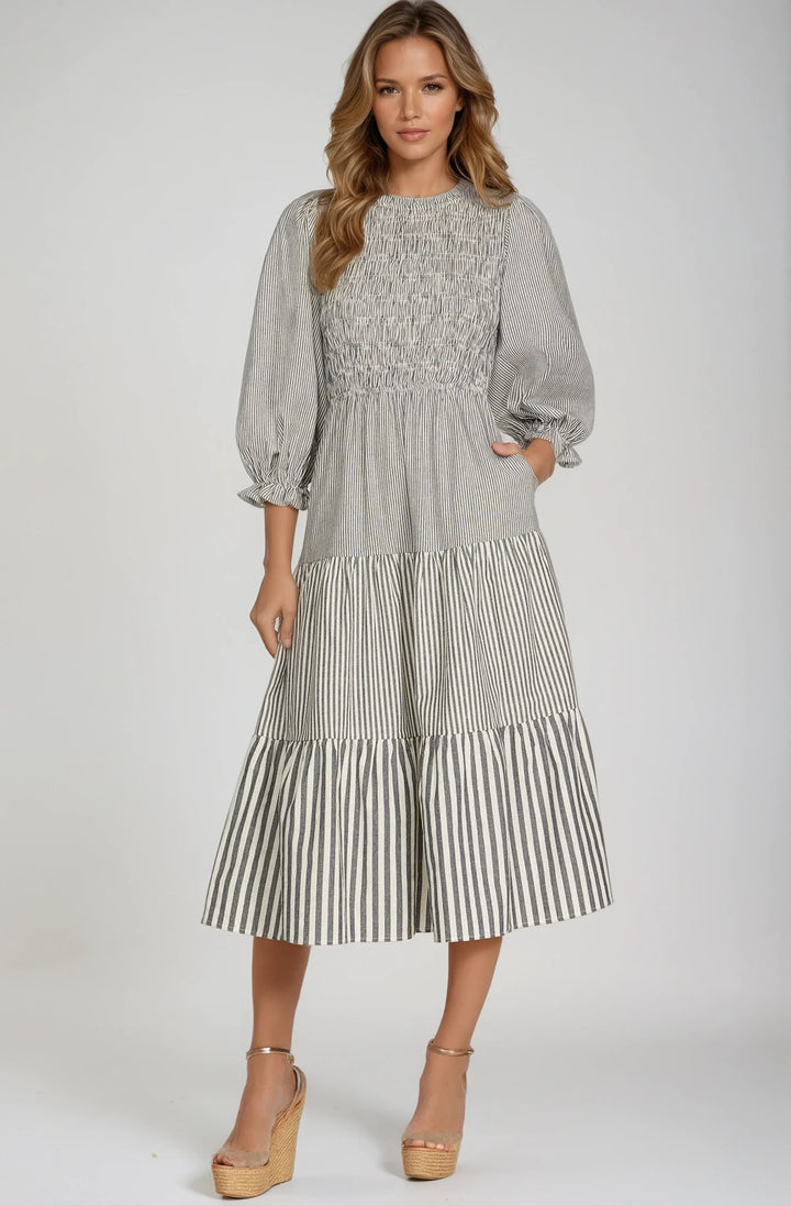 SHE+SKY- 3/4 SLEEVE SMOCKED TOP TIERED MIDI DRESS WITH SIDE POCKETS