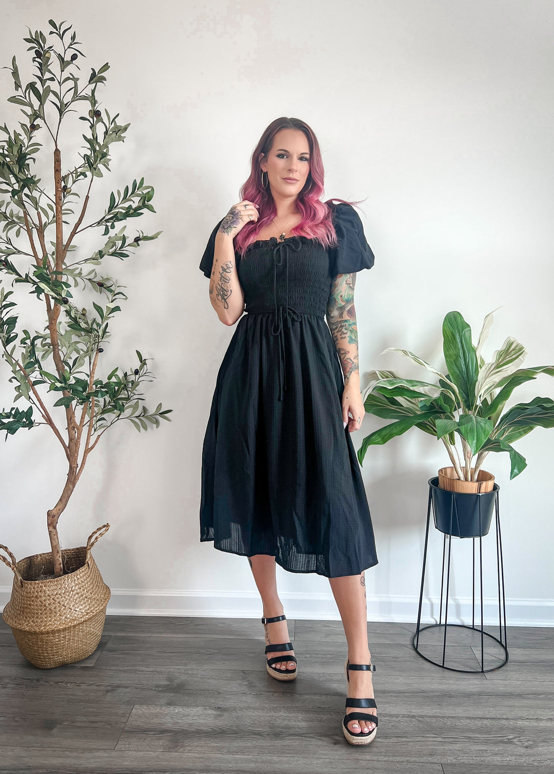 Loucia - Jean Puff Sleeve Smocked Waist Midi Dress