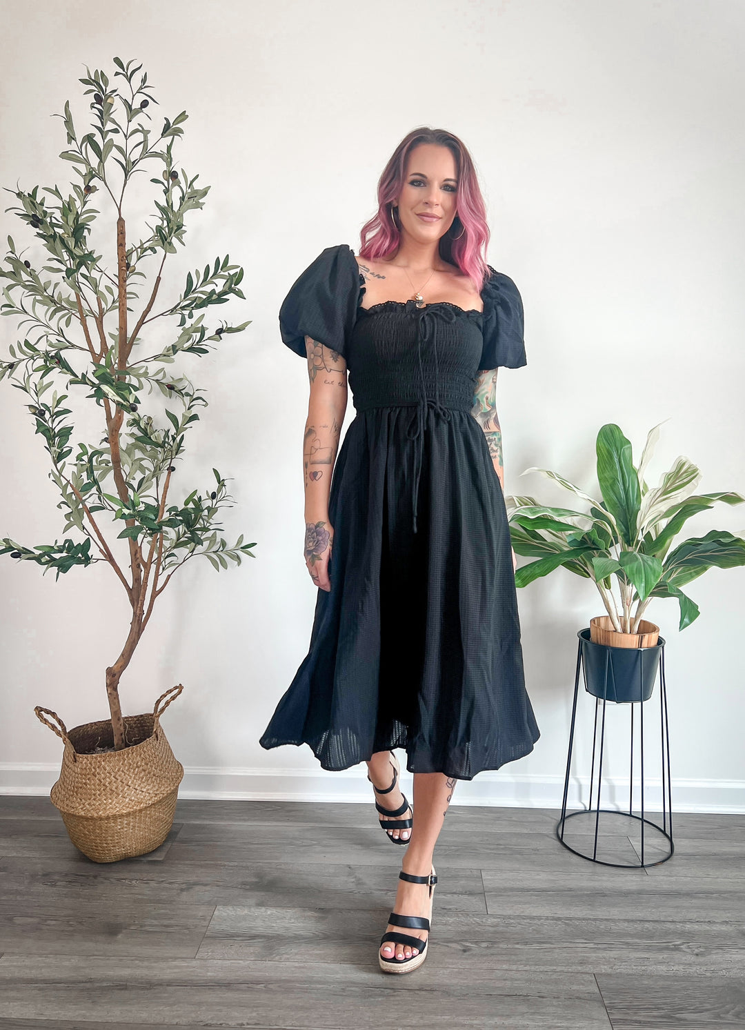 Loucia - Jean Puff Sleeve Smocked Waist Midi Dress