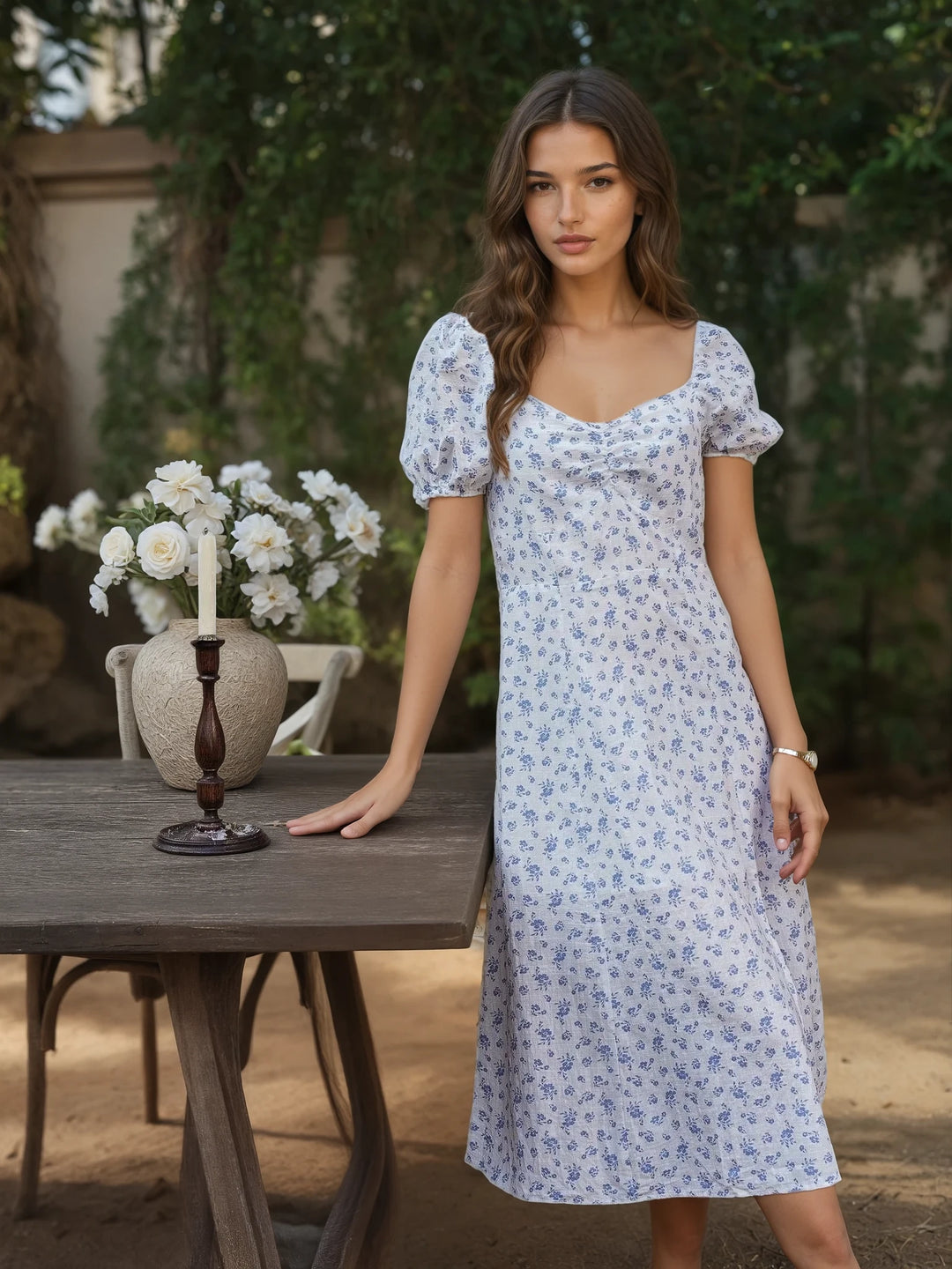 Vintage-Inspired Blue Floral Midi Dress with Puff Sleeves