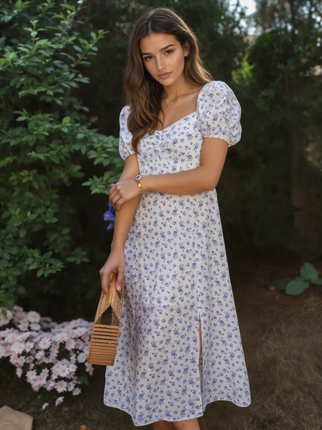 Vintage-Inspired Blue Floral Midi Dress with Puff Sleeves