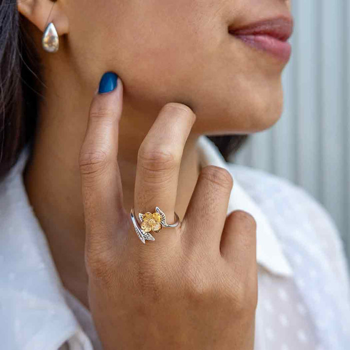 Mixed Metal Adjustable Dogwood Flower and Leaves Ring