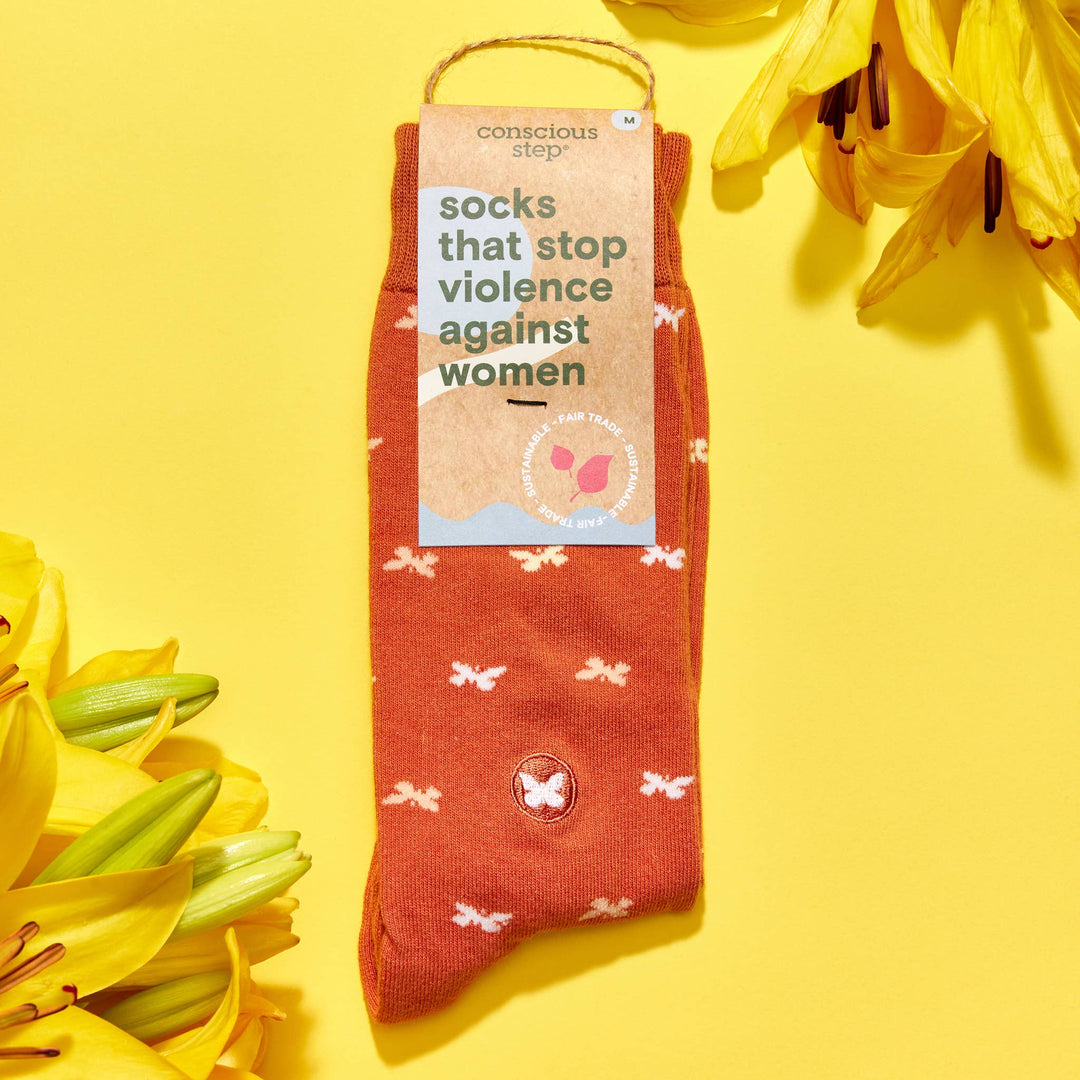 Conscious Step - Socks that Stop Violence Against Women (Orange Butterflies)