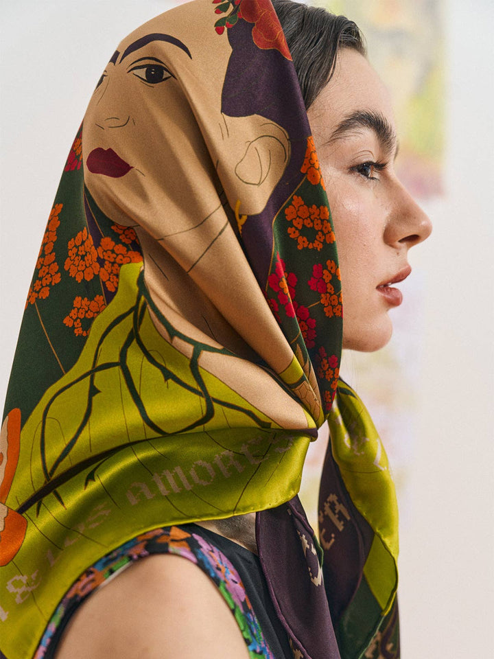 Lost Pattern NYC - FRIDA x LOST PATTERN "Los Amores de Frida" Large Silk Scarf - Dark Green