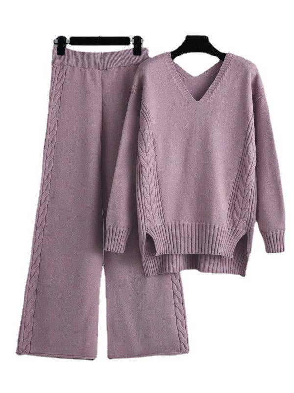 Stylish Long Sleeves Solid Color V-Neck Sweater & Wide Leg Pants-Two Pieces Set