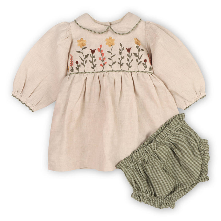 Organic-Floral Peter Pan Baby Dress & Fancy Bloomer (Linen Blend)