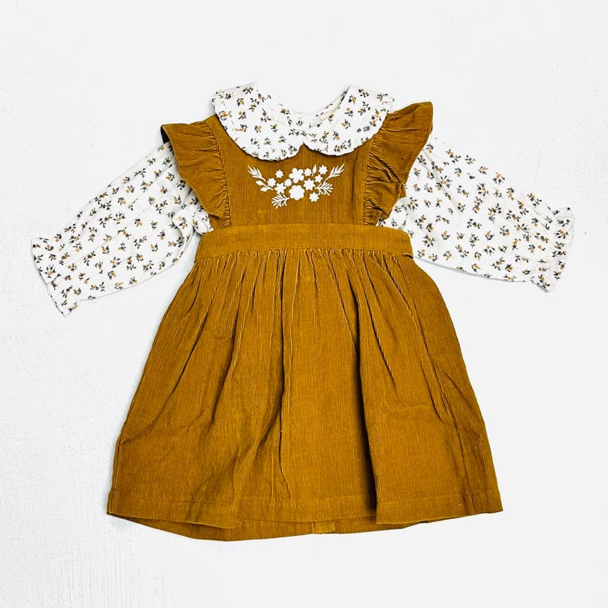 Corduroy Pinafore Baby Dress + Floral Shirt SET (Organic)- ON SALE