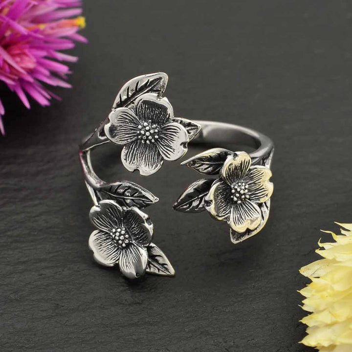 Adjustable Dogwood Flower and Leaf Ring