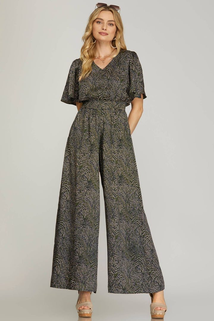 SHE+SKY - FLOUNCE SLEEVE SMOCK WAIST WIDE LEG PRINTED WOVEN JUMPSUIT W