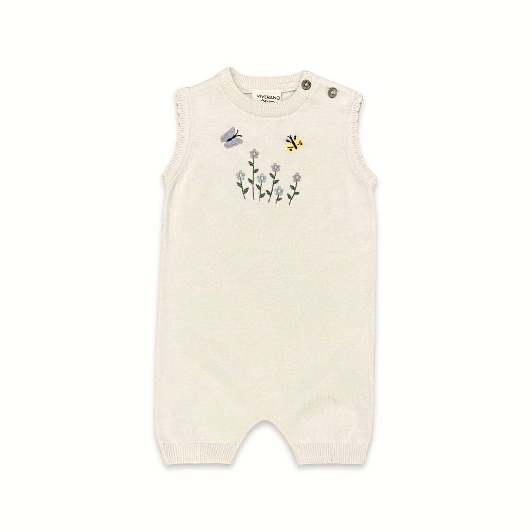 Floral Bee Embroidered Sleeveless Knit Baby Romper (Organic)