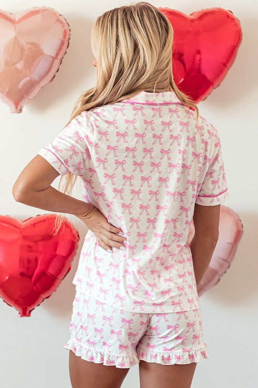 Short Sleeve and Ruffled Shorts Pajama Set