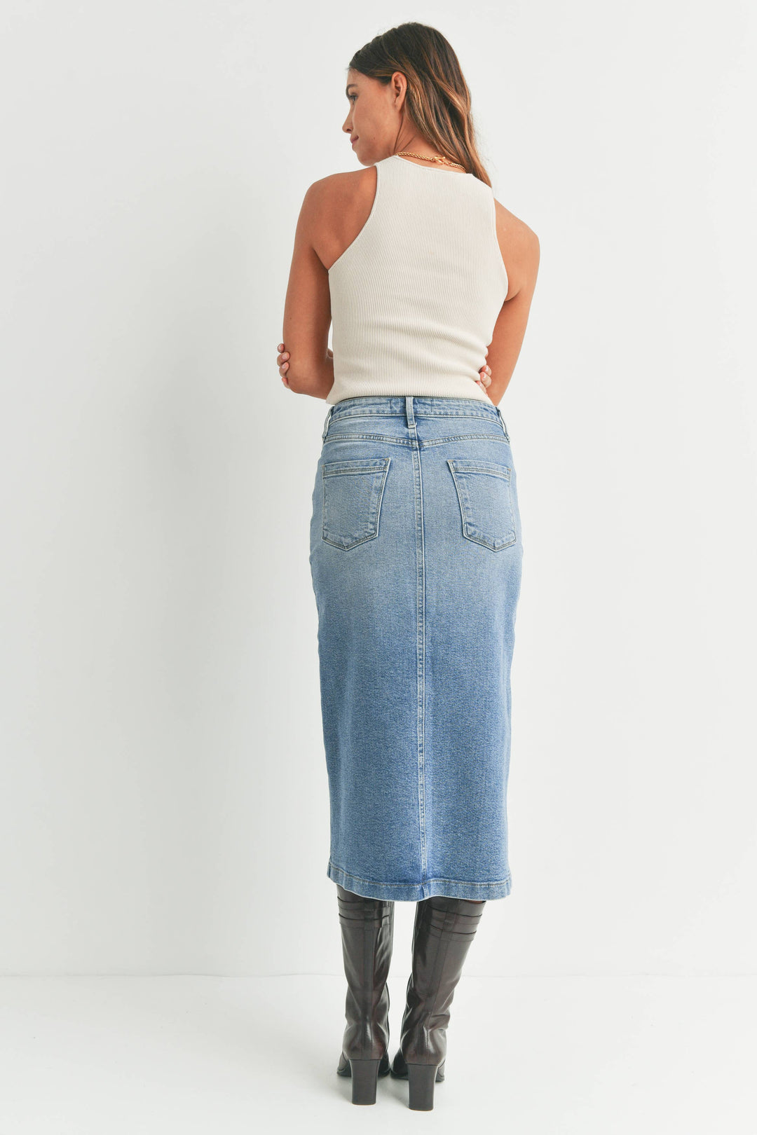 JUST BLACK DENIM - Utility Pockets Midi Skirt- Fast shipping