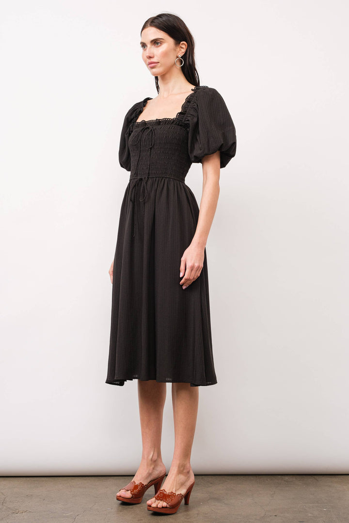 Loucia - Jean Puff Sleeve Smocked Waist Midi Dress