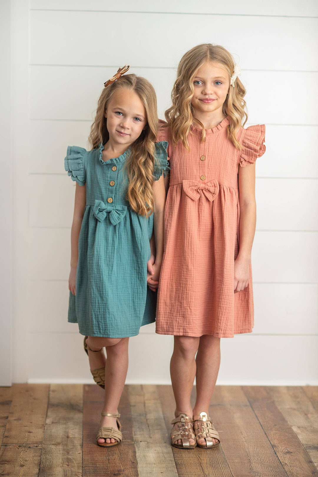 Kids Blue Green Ruffle Sleeve Button Bow Spring Easter Dress