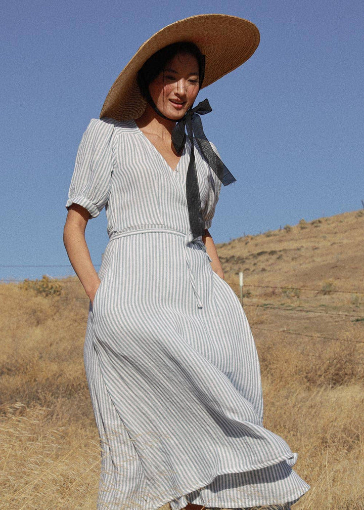 Atèlette - Blue Cotton Gauze Striped Midi Wrap Dress - Atèlette