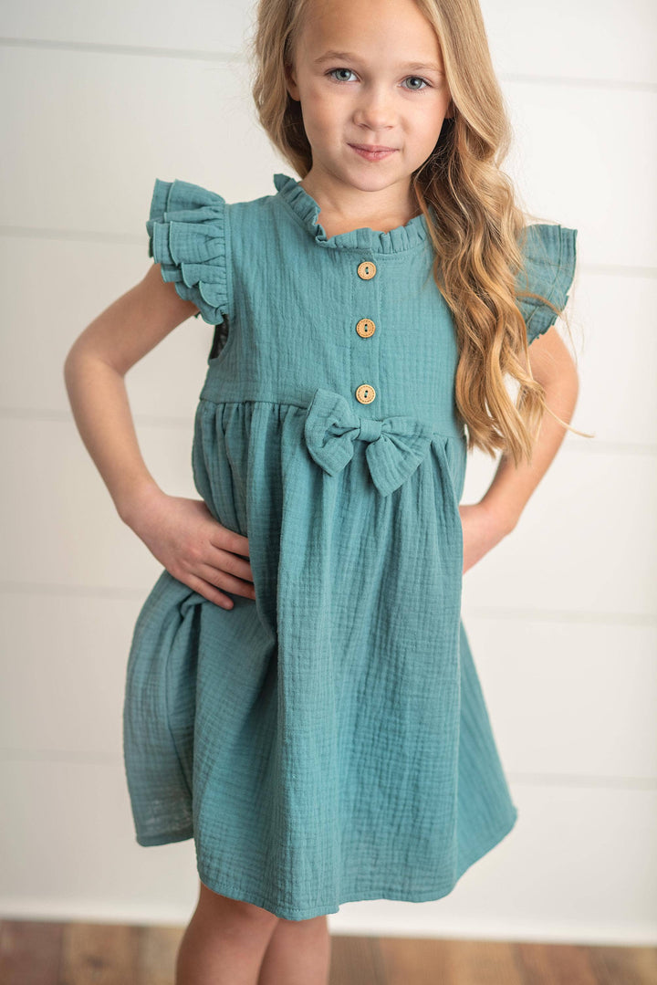 Kids Blue Green Ruffle Sleeve Button Bow Spring Easter Dress