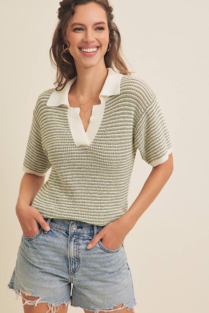 LIGHTWEIGHT BOUCLE SWEATER STRIPE TOP