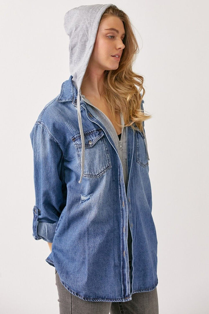 RISEN Zip Up Denim Hoodie with Pockets